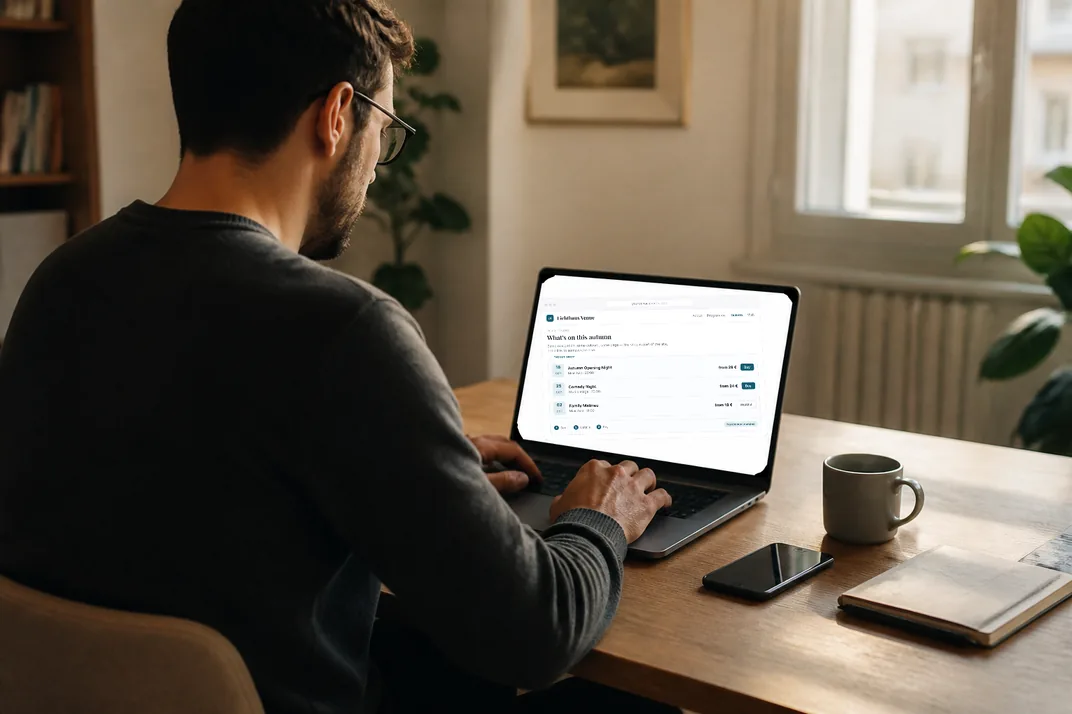 A ticket shop open on a laptop, in the venue’s own design