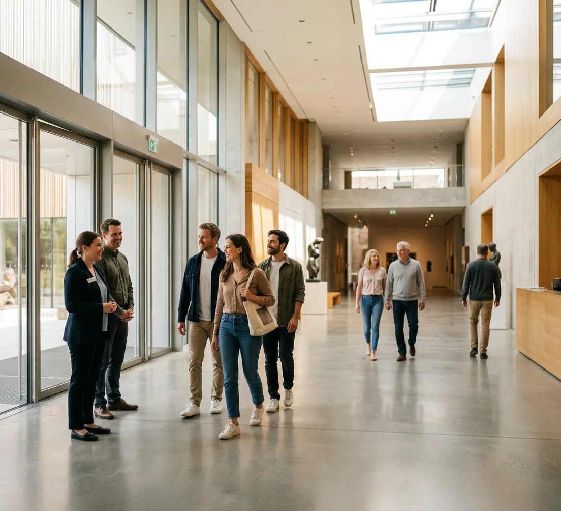 Visitors walking through the bright foyer of a museum