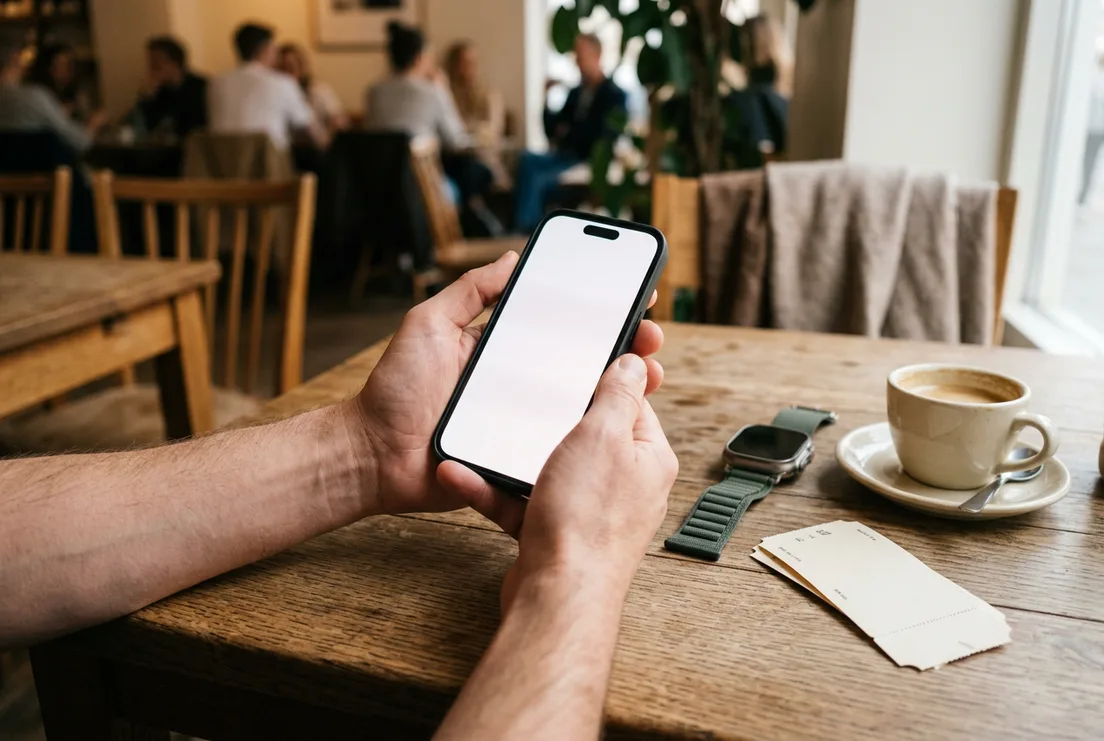 A guest holding their phone with a wallet ticket, at a café table