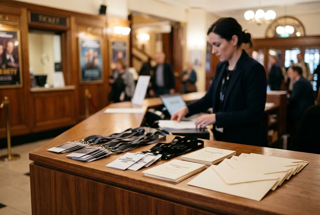 A box office counter with accreditation passes and reservation envelopes laid out