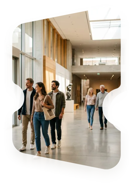 Visitors walking through the daylit atrium of a museum, masked into the Entrello ticket mark