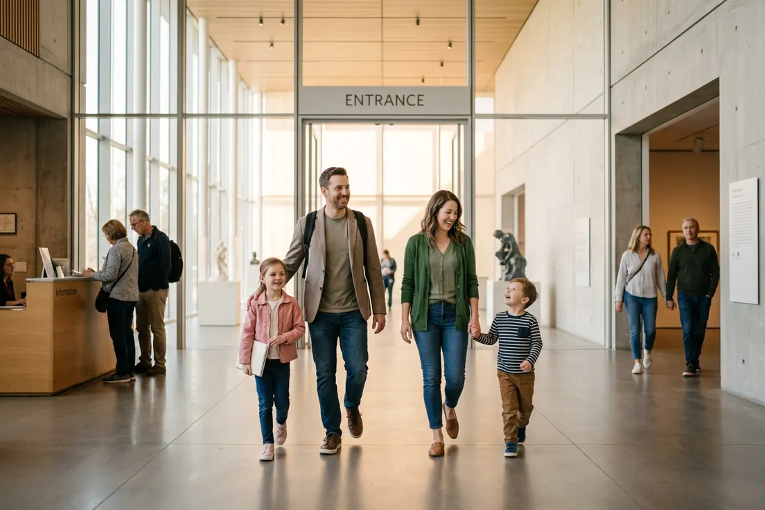 A family walking into a museum entrance hall with no queue at the desk